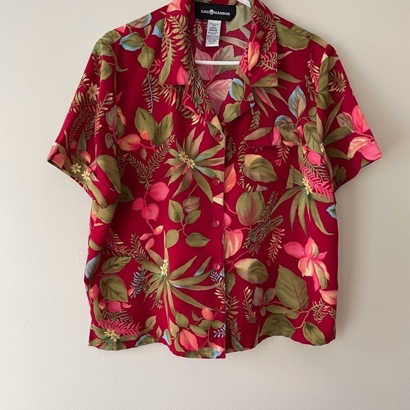 Sag Harbor Hawaillian Size L Burgundy Floral Short Sleeve Button Down Shirt - Picture 2 of 5